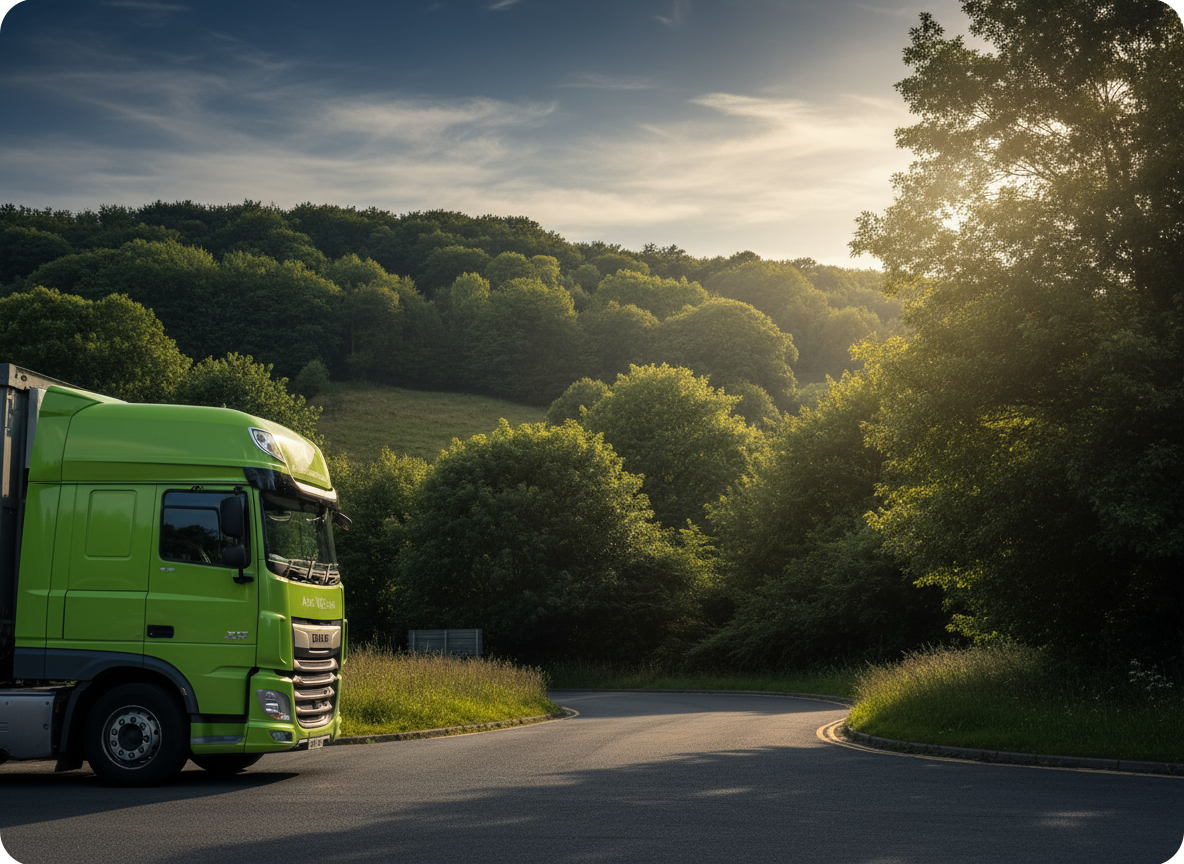 Green high goods vehicle on a road wihth sunlight beaming down Green high goods vehicle on a road wihth sunlight beaming down